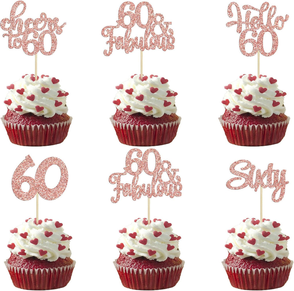 30Pcs Happy 60th Birthday Cupcake Toppers Rose Gold Glitter Sixty Cake Toppers Cheers to 60 Years Old Birthday Cupcake Picks for 60th Anniversary Party Cake Decorations Supplies