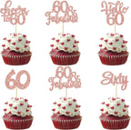 30Pcs Happy 60th Birthday Cupcake Toppers Rose Gold Glitter Sixty Cake Toppers Cheers to 60 Years Old Birthday Cupcake Picks for 60th Anniversary Party Cake Decorations Supplies