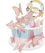 Butterfly Cake Toppers Decorations - 1 Big Happy Birthday Cake Topper & 15Pcs 3D Pink Gold Butterfly Cupcake Toppers - Party Supplies for Decorating Baby Shower Girl's Birthday