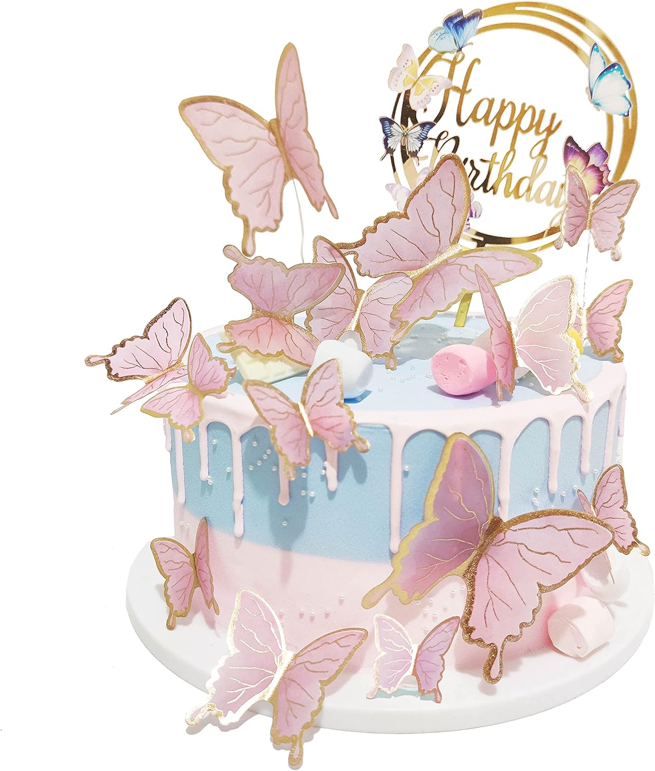 Butterfly Cake Toppers Decorations - 1 Big Happy Birthday Cake Topper & 15Pcs 3D Pink Gold Butterfly Cupcake Toppers - Party Supplies for Decorating Baby Shower Girl's Birthday