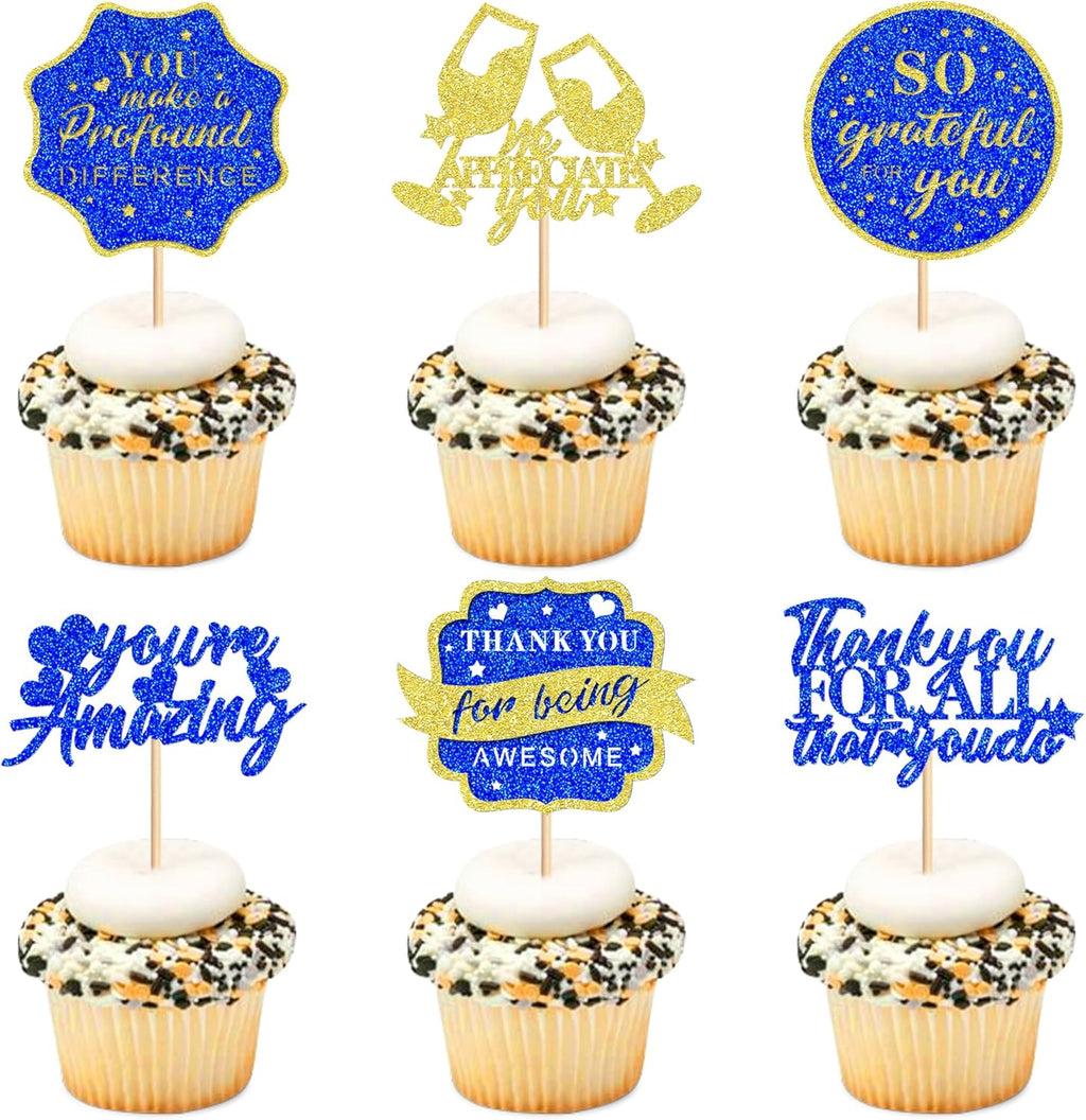 Ercadio 24Pcs We Appreciate You Cupcake Toppers Glitter Blue Gold Thank You Being Awesome Retirement Cupcake Decorations Graduation Parents Appreciation Theme Teacher's Mother's Father's Day Supplies