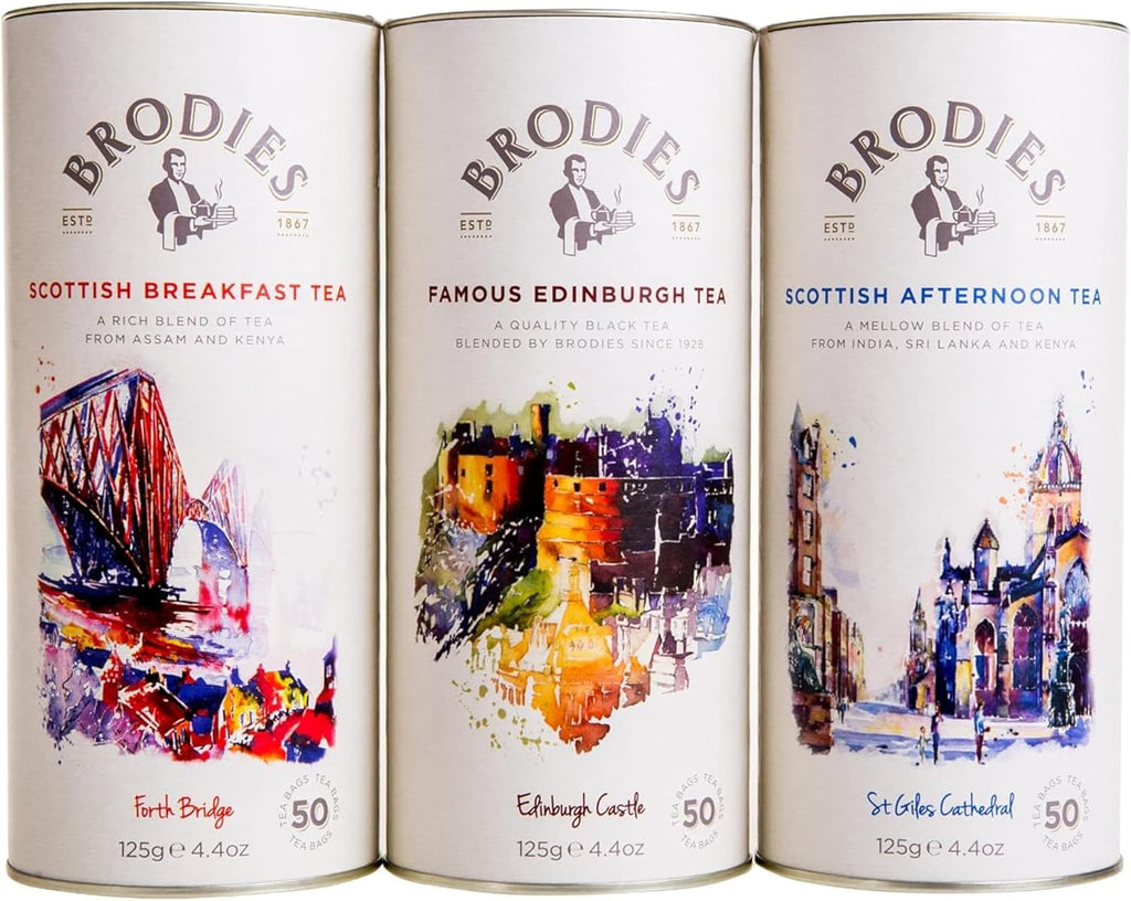 Brodies Tea, Scottish Tea Sampler, Breakfast, Afternoon & Famous Edinburgh, Black Tea Imported from Scotland, Canister of 50 Bags (Pack of 3)