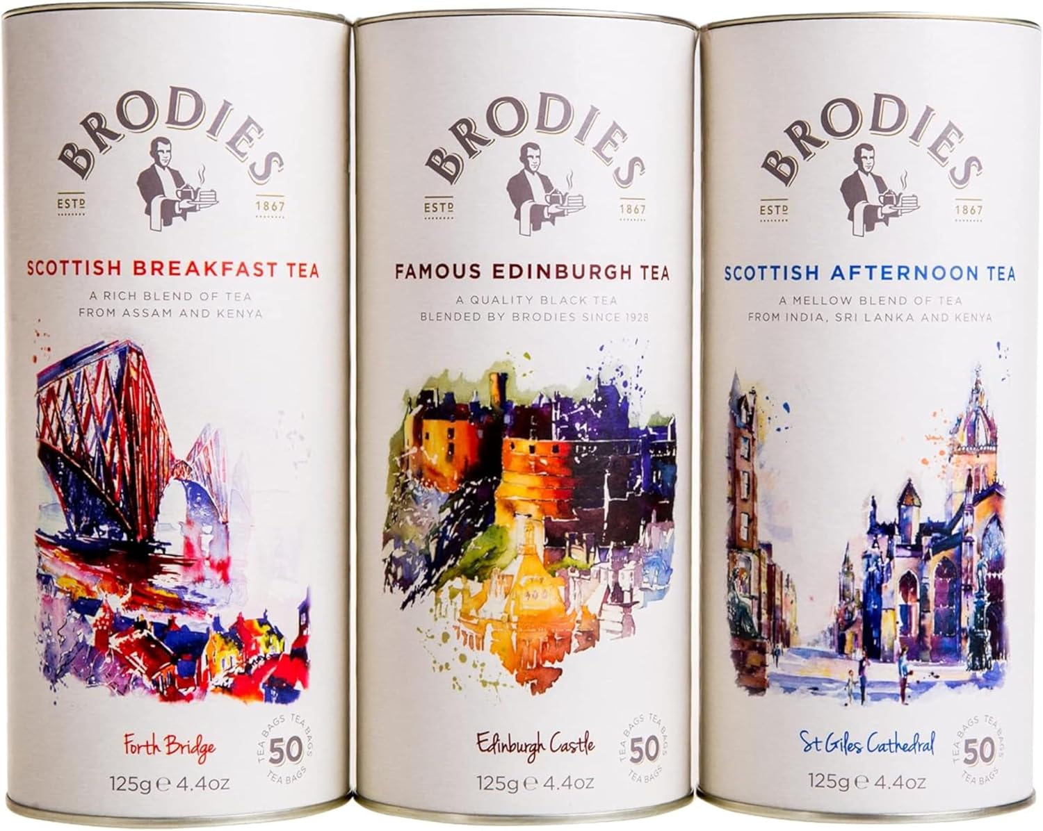 Brodies Tea, Scottish Tea Sampler, Breakfast, Afternoon & Famous Edinburgh, Black Tea Imported from Scotland, Canister of 50 Bags (Pack of 3)