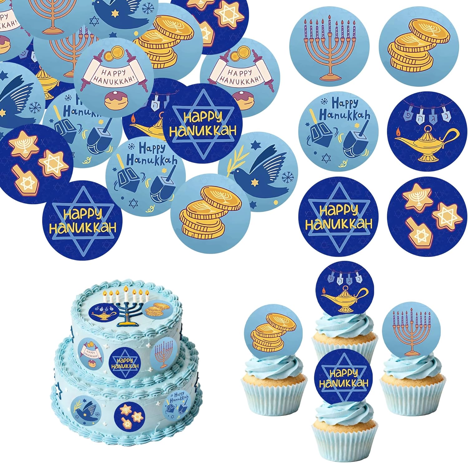 40PCS Edible Happy Hanukkah Cupcake Toppers Wafer Paper Candlestick Menorah Cake Topper Decorations for Sparkle Jewish Birthday Chanukah Holiday Party Decoration Supplies