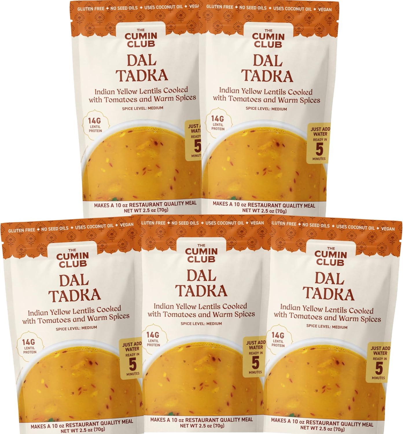 The Cumin Club Dal Tadka (Yellow Lentils) - Authentic & Flavorful Indian Meal, Ready to Eat Dal with Mild Spices, Easy 5-Minute Vegetarian Friendly Indian Food, All-Natural, No Preservatives - Pack of 5