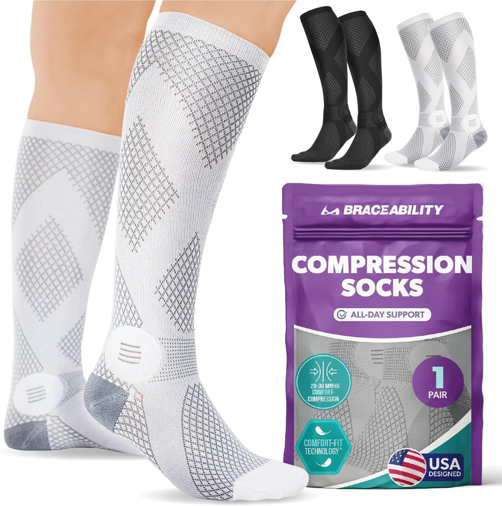 BraceAbility Knee High Compression Socks 20-30 mmHg - Support Stockings for Women, Men, Circulation, Running, Flying, Post Surgery, Varicose Veins, Diabetic Foot Pain - 1 Pair Closed Toe (L - Gray)