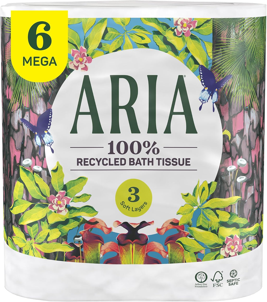 Aria 100% Recycled Toilet Paper, 6 Rolls, 3-Ply Soft Bath Tissue, Paper Packaging
