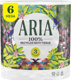 Aria 100% Recycled Toilet Paper, 6 Rolls, 3-Ply Soft Bath Tissue, Paper Packaging