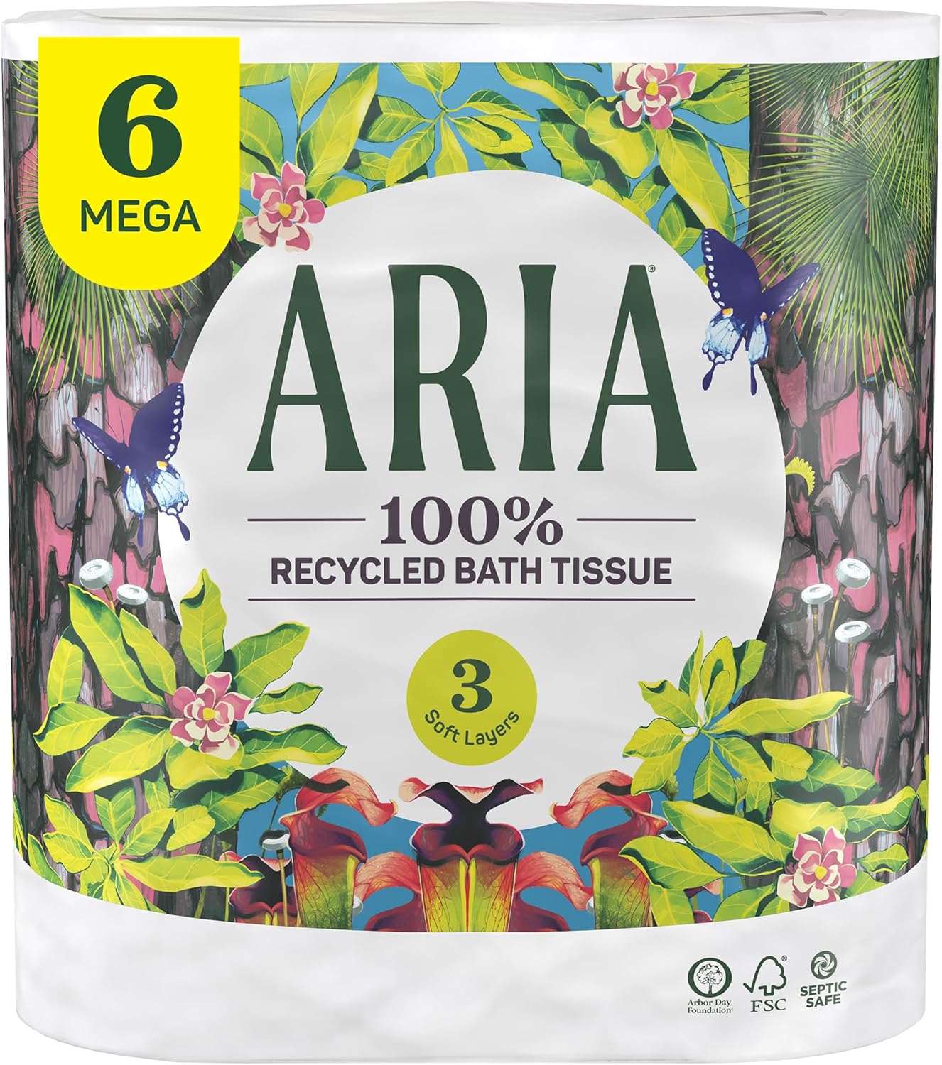 Aria 100% Recycled Toilet Paper, 6 Rolls, 3-Ply Soft Bath Tissue, Paper Packaging