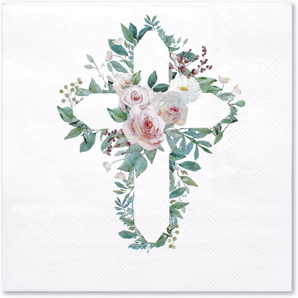 WRAPAHOLIC 50Pcs Floral Baptism Napkins - 3 Ply Floral Cross Disposable Paper Luncheon Napkins for Christening Religious, First Communion, Newborn Baby Shower Party Supplies - 6.5 x 6.5 In