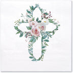 WRAPAHOLIC 50Pcs Floral Baptism Napkins - 3 Ply Floral Cross Disposable Paper Luncheon Napkins for Christening Religious, First Communion, Newborn Baby Shower Party Supplies - 6.5 x 6.5 In