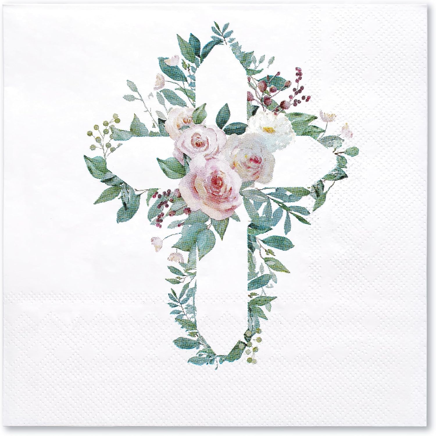 WRAPAHOLIC 50Pcs Floral Baptism Napkins - 3 Ply Floral Cross Disposable Paper Luncheon Napkins for Christening Religious, First Communion, Newborn Baby Shower Party Supplies - 6.5 x 6.5 In