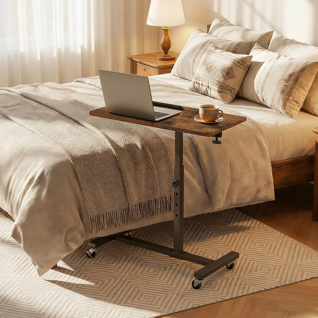 Overbed Table with Wheels, Height Adjustable Overbed Bedside Table, Tilting Desktop Mobile Standing Desk, C-Shaped Side Table for Livingroom or Bedroom, Rustic Brown and Black ETHR6801