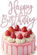 Happy Birthday Cake Toppers, Pink Birthday Cake Decorations for Women Men, Glitter Cakes Pick for Birthdays Party Supplies