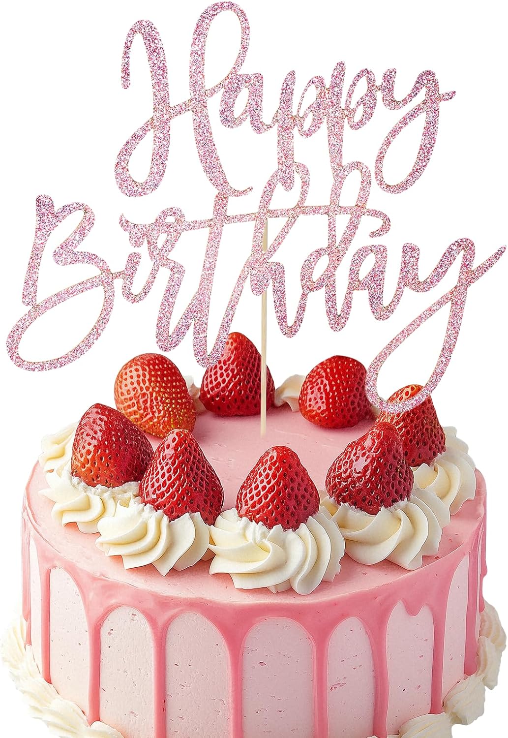 Happy Birthday Cake Toppers, Pink Birthday Cake Decorations for Women Men, Glitter Cakes Pick for Birthdays Party Supplies