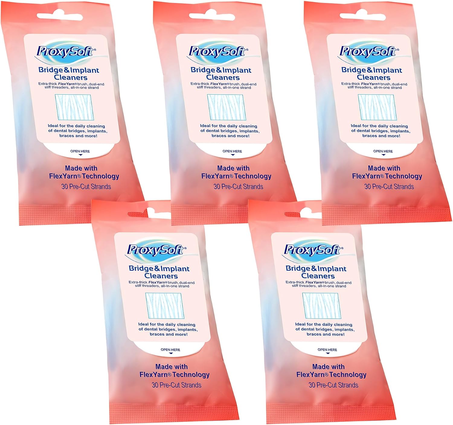 Proxysoft Dental Floss for Bridges and Implants 5 Packs - Floss Threaders for Bridges, Dental Implants, Braces with Extra-Thick Proxy Brush for Optimal Oral Hygiene -Teeth Bridge and Implant Cleaners