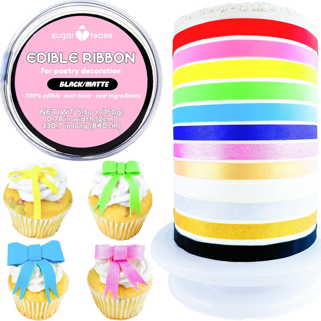 Edible Ribbon, Edible Bow for Cake Cupcake Pastry Dessert Decorations Toppers and Cake Borders 330.7in L x 0.78in W (Matte, Black)