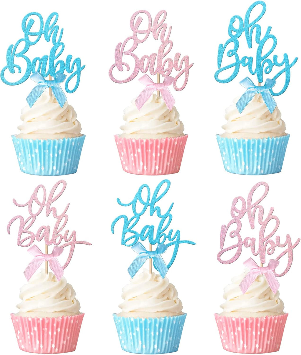 Rsstarxi 24 Pack Oh Baby Cupcake Toppers Pink Blue Bow Glitter Baby Shower Cupcake Picks Gender Reveal Cupcake Topper Decoration for Baby Shower Kids Birthday Party Supplies