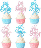 Rsstarxi 24 Pack Oh Baby Cupcake Toppers Pink Blue Bow Glitter Baby Shower Cupcake Picks Gender Reveal Cupcake Topper Decoration for Baby Shower Kids Birthday Party Supplies