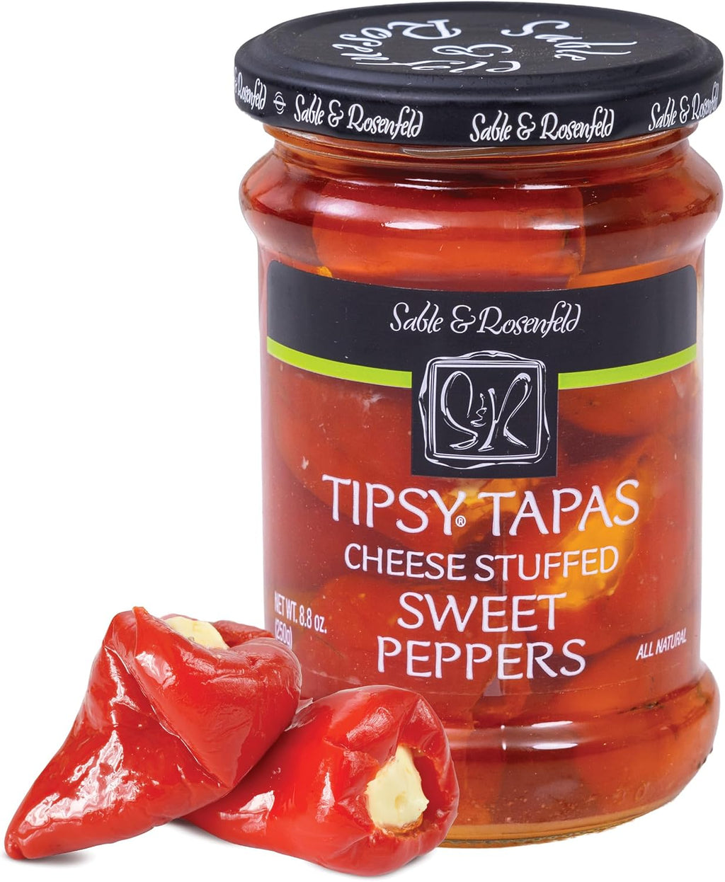 Sable & Rosenfeld Tipsy Tapas Cheese Stuffed Sweet Peppers in a Jar 8.8 oz (Pack of 1), Hand-Stuffed with Cream Cheese, Gluten-Free Gourmet Appetizer