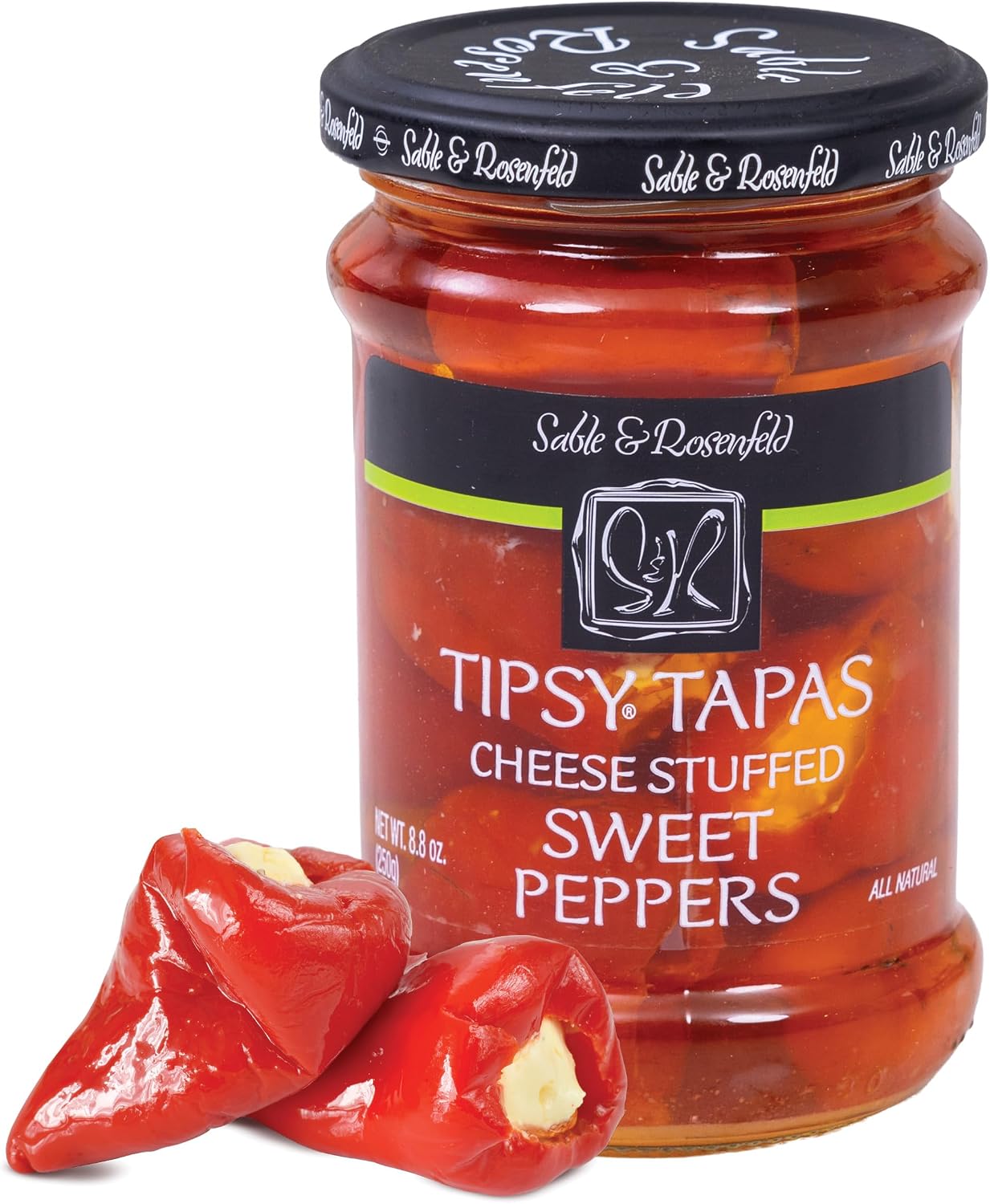 Sable & Rosenfeld Tipsy Tapas Cheese Stuffed Sweet Peppers in a Jar 8.8 oz (Pack of 1), Hand-Stuffed with Cream Cheese, Gluten-Free Gourmet Appetizer
