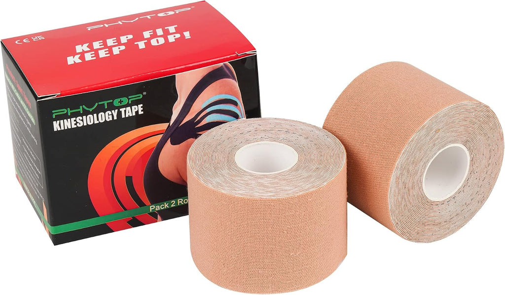 PHYTOP Muscle Tape Kinesiology (2 Rolls Pack) for Athletes, Rock Tape Kinesiology Tape for Physiotherapy Not Pre-Cut, Color Beige