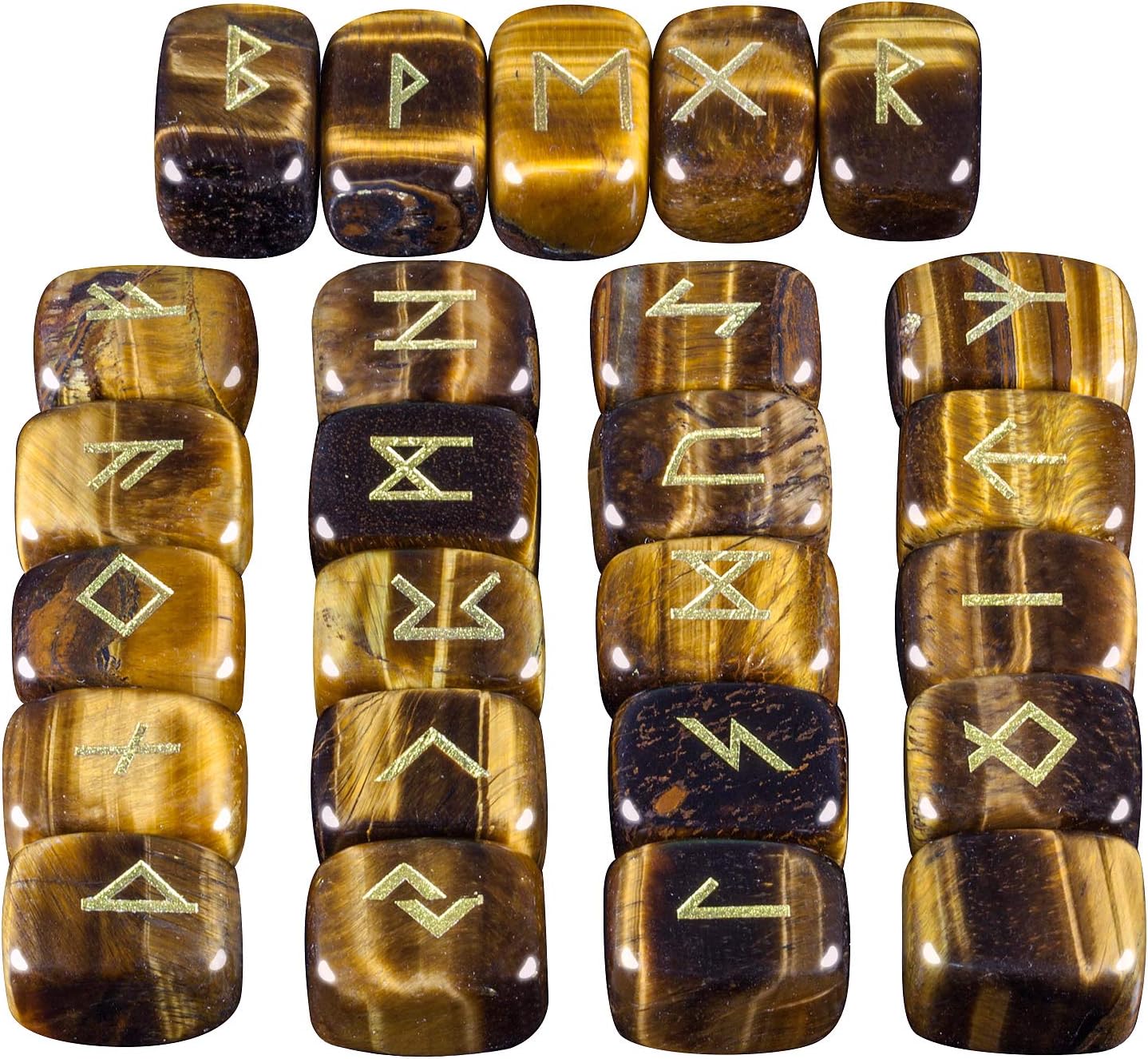 mookaitedecor Rune Stones Set with Engraved Elder Futhark Alphabet Crystal Meditation Divination, Tiger's Eye