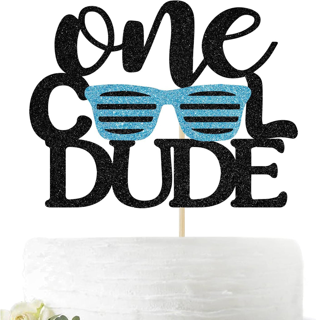 One Cool Dude Cake Topper - Baby Boy 1st Birthday Cake Decoration - Birthday Dude Photo Props(Black and Blue)