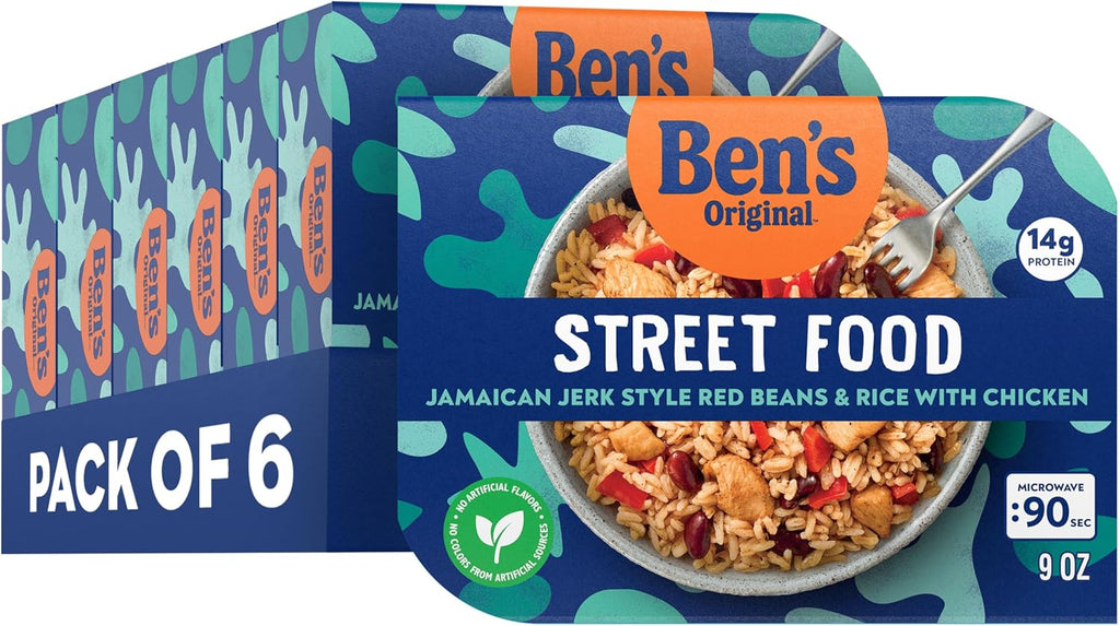 BEN'S ORIGINAL Street Food Jamaican Jerk Style Beans & Rice with Chicken, Prepared Entrée, Microwavable Heat-&-Eat Bowl in 90 Seconds, 9 oz (Pack of 6)