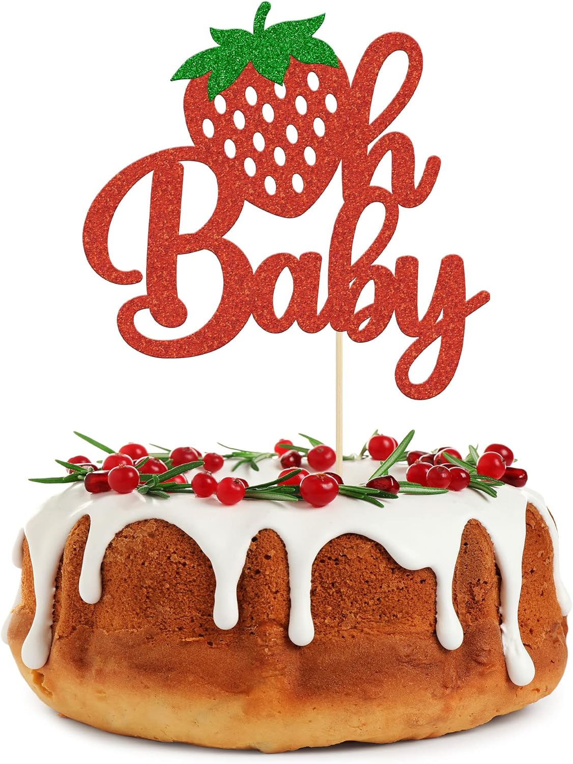 1Pc Strawberry Oh Baby Cake Topper Red Glitter Babyshower Strawberry Cake Pick Decoration for Sweet Fruit Theme Baby Shower Kids Birthday Party Supplies