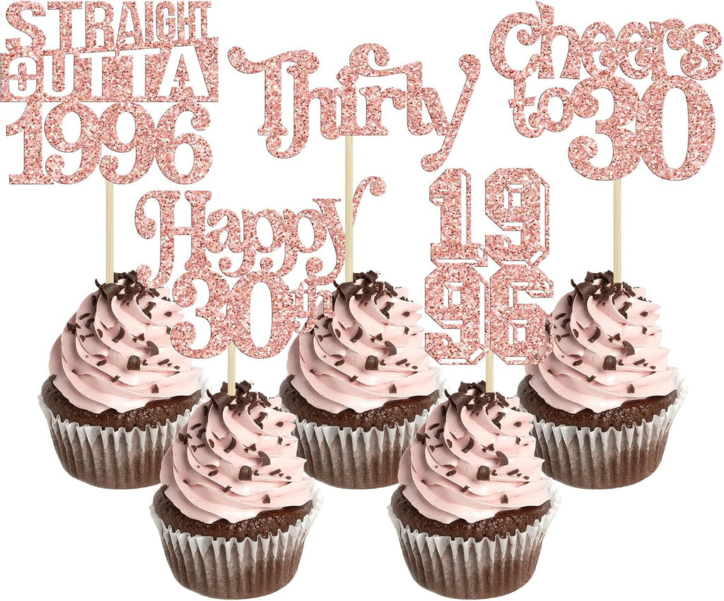 Gyufise 30Pcs Happy 30th Birthday Cupcake Toppers Glitter Thirty Straight Outta 1996 Cupcake Picks Cheers to 30 Fabulous Cake Decorations for Happy 30th Birthday Anniversary Party Supplies Rose Gold