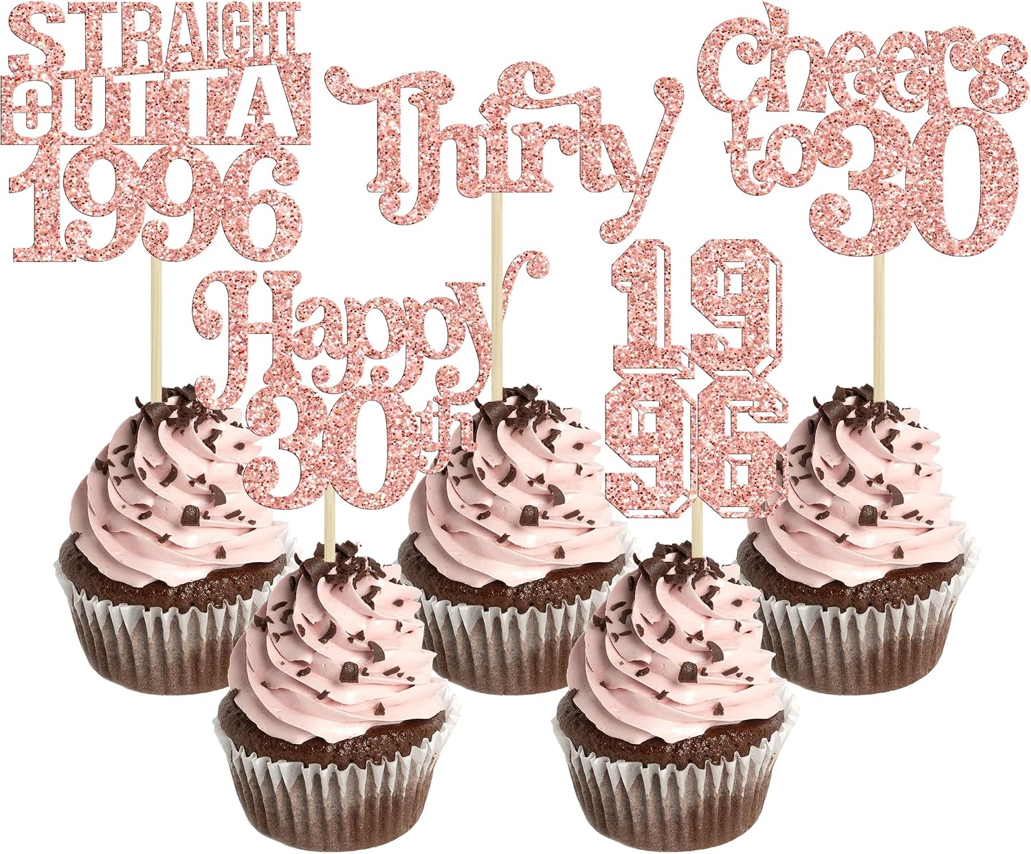 Gyufise 30Pcs Happy 30th Birthday Cupcake Toppers Glitter Thirty Straight Outta 1996 Cupcake Picks Cheers to 30 Fabulous Cake Decorations for Happy 30th Birthday Anniversary Party Supplies Rose Gold