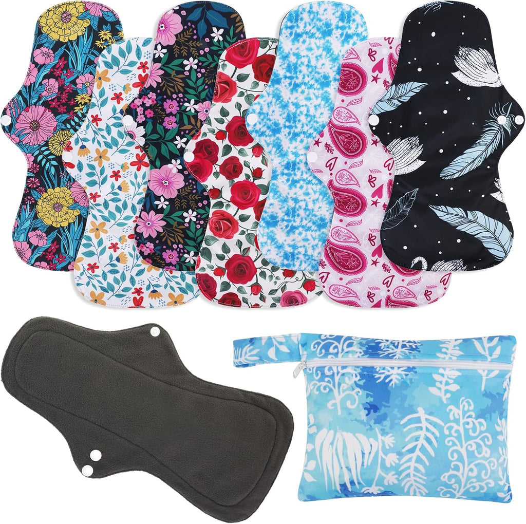 PHOGARY Reusable Menstrual Pads (7 in 1), Bamboo Cloth Pads for Heavy Flow with Wet Bag, Washable Overnight Cloth Panty Liners Period Pad, Large Sanitary Pad Set with Wings for Women