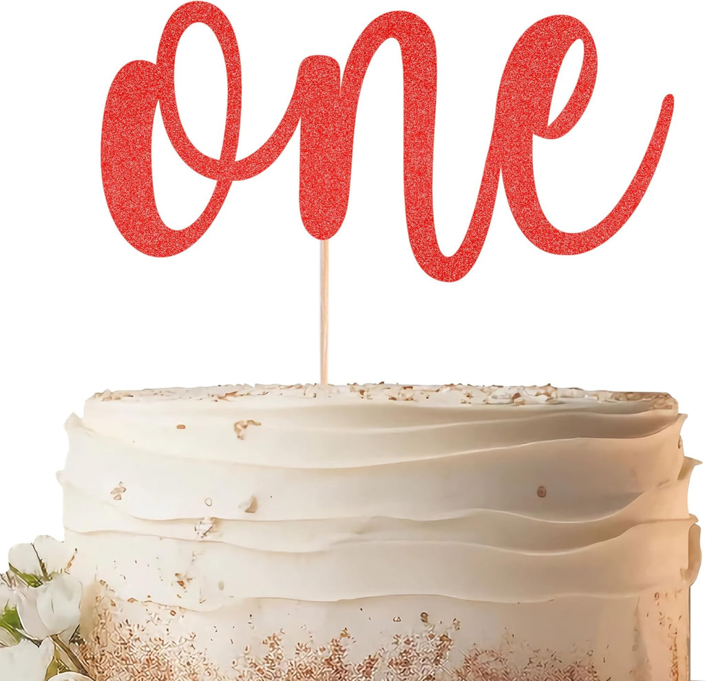 One Cake Topper - Red Glitter 1st Birthday Cake Decorating Supplies for Boys or Girls, First Birthday Cake Topper for Baby Shower 1st Birthday Party Supplies Photo Booth Props