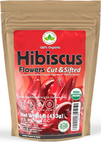 Hibiscus Tea 1LB (16Oz) 100% CERTIFIED Organic Hibiscus Flowers Herbal Tea (CUT&SIFTED), Caffeine Free Tea (200+ cups) 1 lb. Bulk Resealable BPA-Free Bag