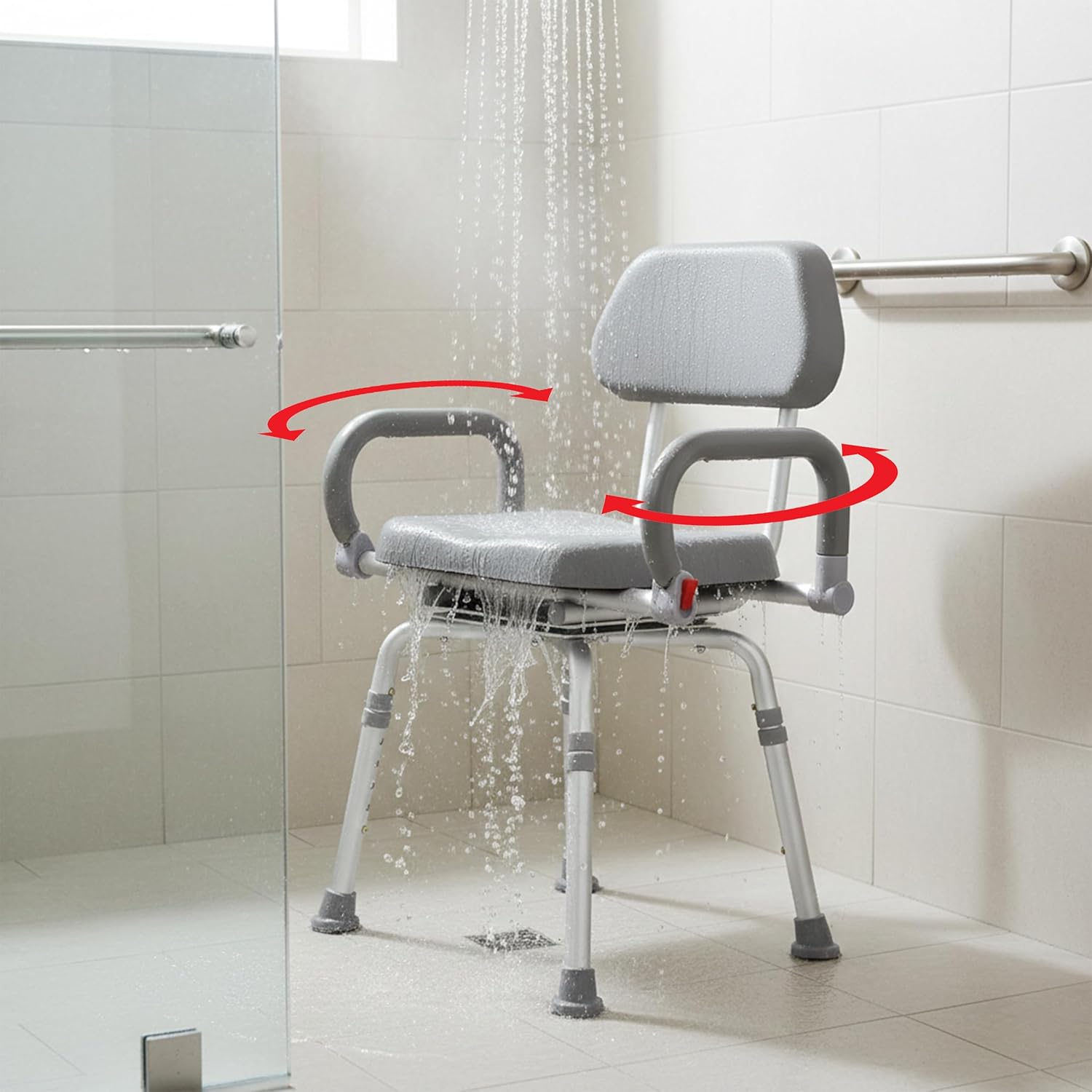 Platinum Health Revolution Pivoting Shower Chair for Bathtub, Adjustable Swivel Seat with Padded Back and Arms, Adjustable Space Saving Design for Tubs, Shower, for Elderly, Handicap & Seniors, Gray
