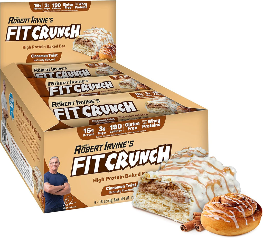FITCRUNCH Snack Size Protein Bars, 6-Layer Baked Bar, 3g of Sugar & Soft Cake Core (9 Bars, Cinnamon Twist)