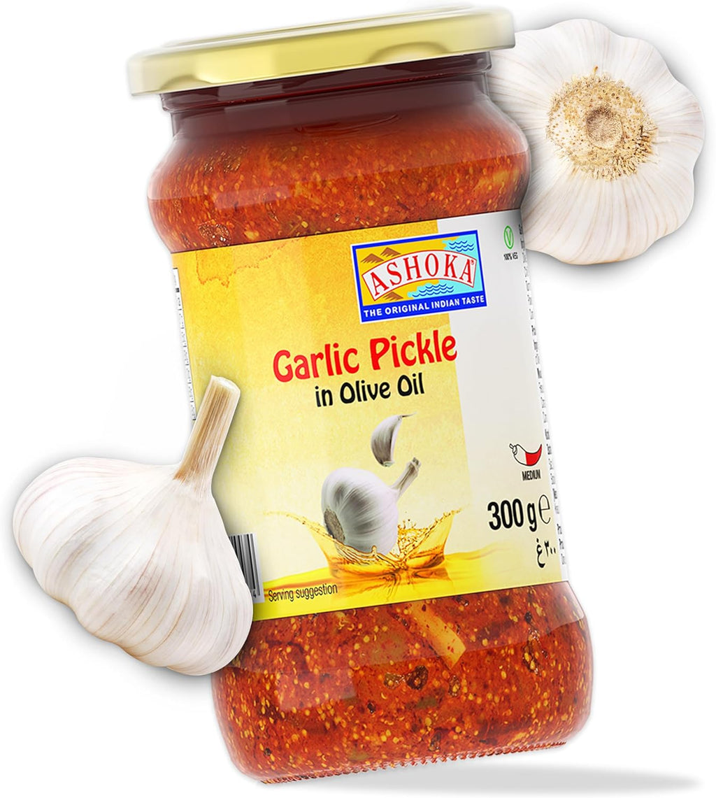 Ashoka 1932 | All Natural | Indian Pickle in Olive Oil | Indian Origin Pickle | Pickled Garlic | Great as a Condiment | Medium Spiced | Vegan | Kosher Certified | 300 Grams (Pack of 1)