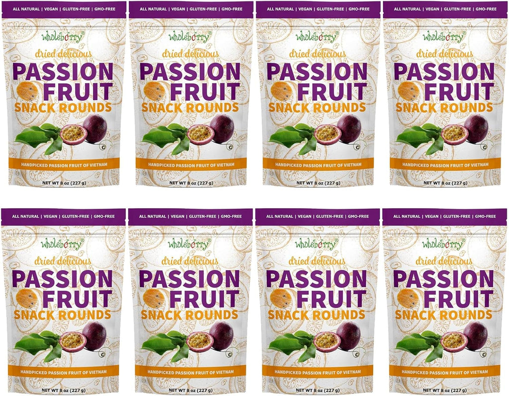 Wholeberry Naturally Delicious Dried Passion Fruit Rounds 8 oz x 8 Bags Maracuja Fruit Snacks Passion Fruit Pulp Sour & Sweet Less Seed, 64 oz