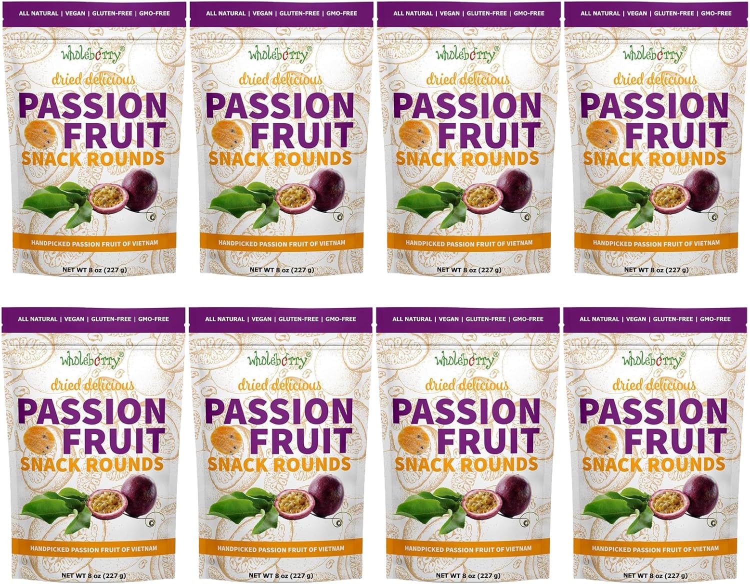 Wholeberry Naturally Delicious Dried Passion Fruit Rounds 8 oz x 8 Bags Maracuja Fruit Snacks Passion Fruit Pulp Sour & Sweet Less Seed, 64 oz