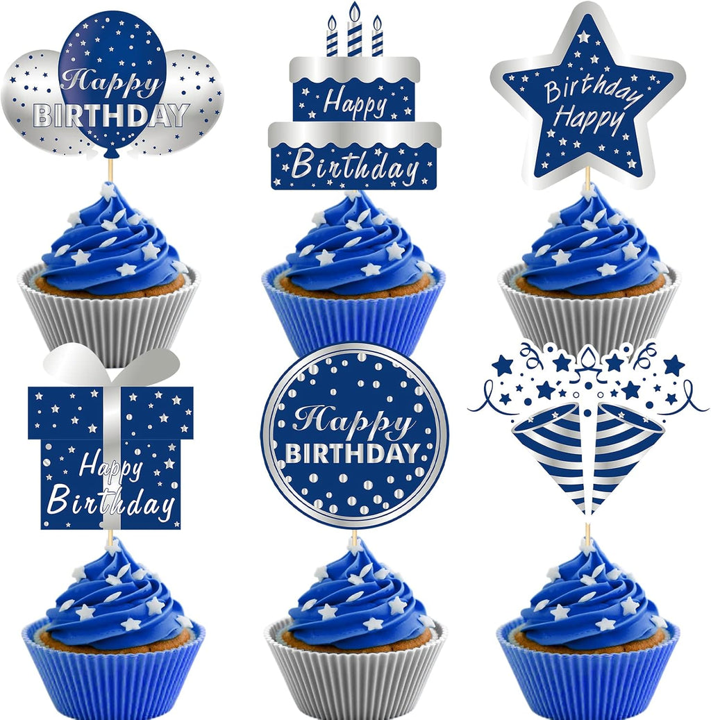 36Pcs Happy Birthday Cake Toppers Decorations for Men Boys, Blue Silver Cupcake Topper Decor for 10th 13th 16th 18th 21st 30th 40th 50th 60th Birthday Party Supplies