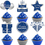 36Pcs Happy Birthday Cake Toppers Decorations for Men Boys, Blue Silver Cupcake Topper Decor for 10th 13th 16th 18th 21st 30th 40th 50th 60th Birthday Party Supplies
