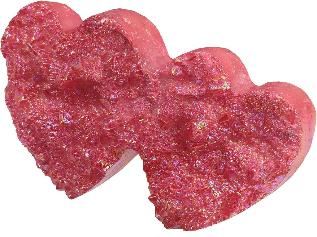 mookaitedecor Titanium Coated Natural Rock Quartz Double Love Heart Crystal Cluster Geode Stone Ornament Specimen for Wedding Home Decoration, Red