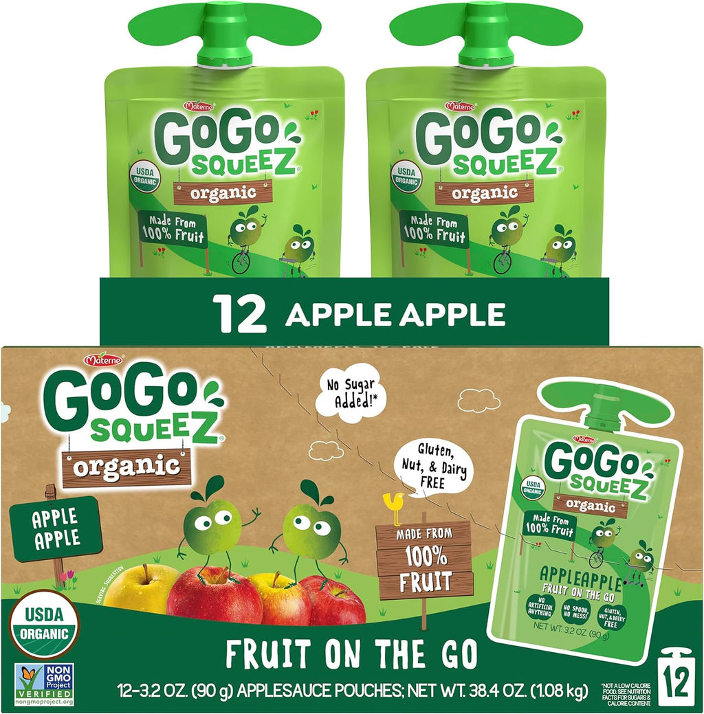 GoGo squeeZ No Sugar Added Organic Applesauce and Fruit Puree, Apple Apple, 3.2 oz Pouches (Pack of 12), Fruit Snacks for Kids, Gluten Free, Nut Free, Recloseable Cap, BPA Free