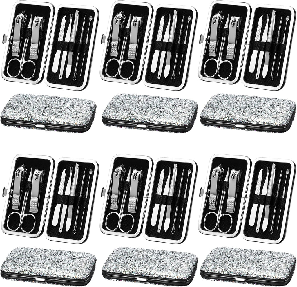 Geosar 12 Set 8 in 1 Manicure Set Stainless Steel Nail Clippers Kit Pedicure Care Tools with Leather Case Travel Grooming Kit Gift for Women Men Gift(Glitter Silver)