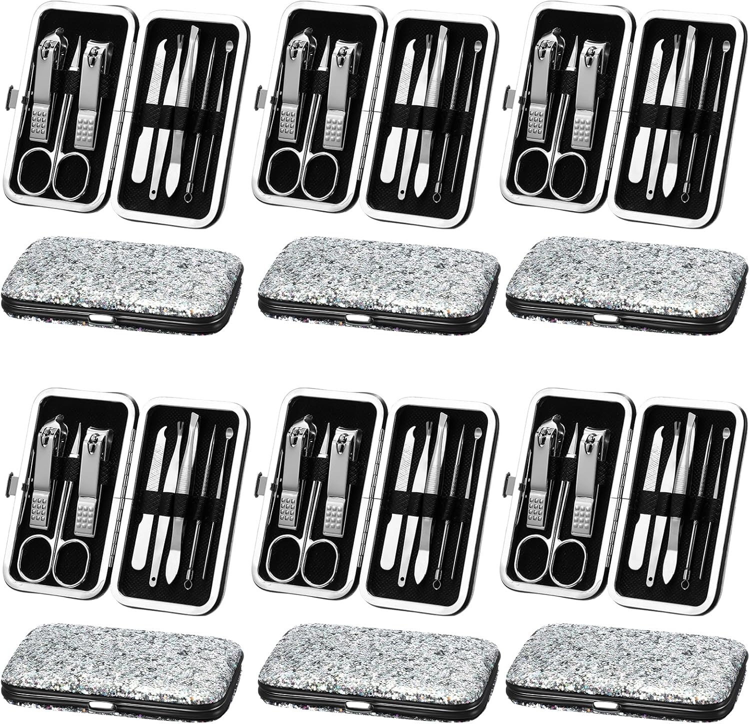 Geosar 12 Set 8 in 1 Manicure Set Stainless Steel Nail Clippers Kit Pedicure Care Tools with Leather Case Travel Grooming Kit Gift for Women Men Gift(Glitter Silver)