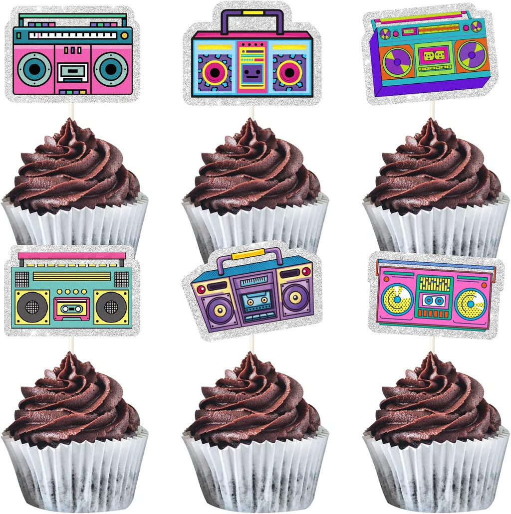18Pcs Boombox Cupcake Toppers - 80s 90s Theme Party Decorations - Retro 90's 80’s Cake Picks - Happy Birthday Party Supplies