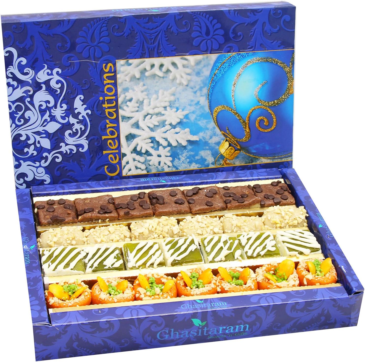 Ghasitaram Gifts Diwali Gifts Sweets - Assorted Box of Kaju Chocolate Barfi,Mango Bite,Kaju Roll and Kaju Orange Delight, 400g