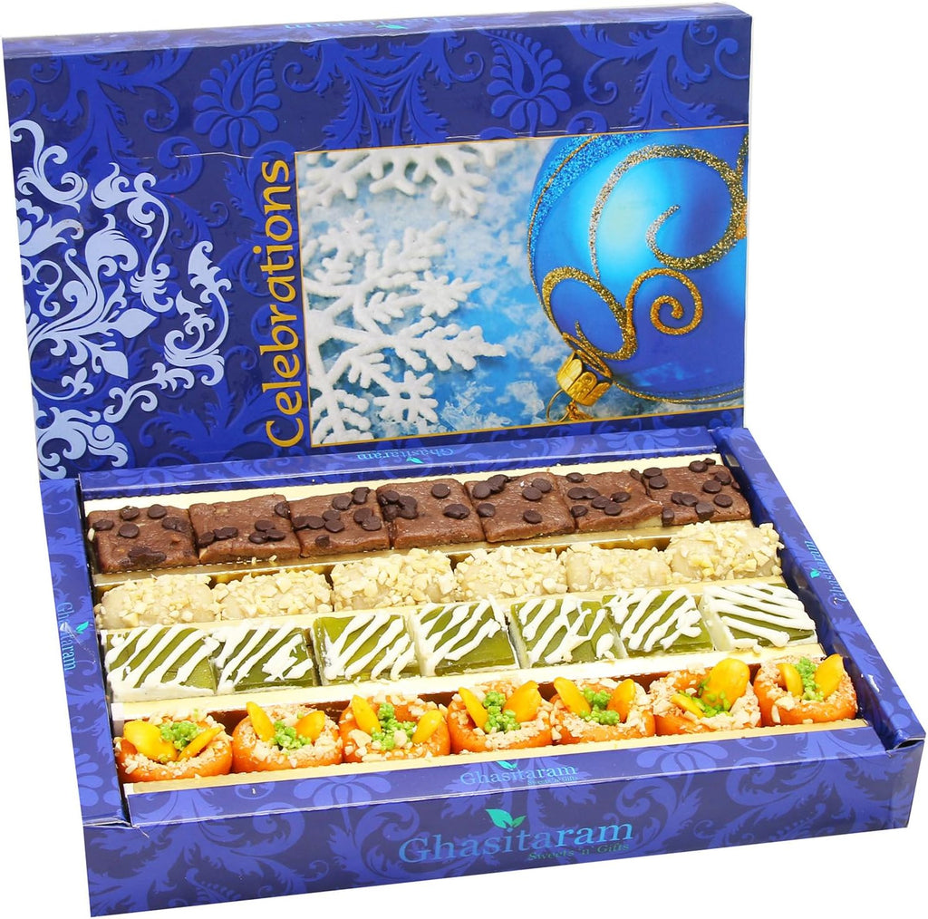 Ghasitaram Gifts Assorted Box of Kaju Chocolate Barfi, Mango Bite, Kaju Roll and Kaju Orange Delight (800 g)