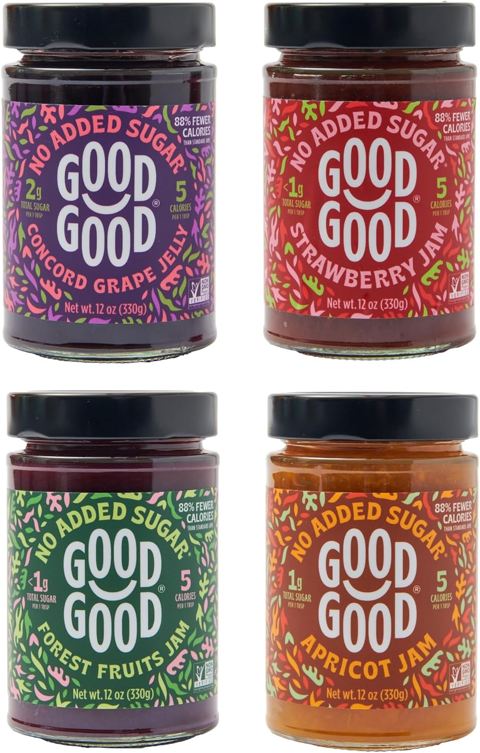 GOOD GOOD Healthy Jam Variety Pack – No Added Sugar Fruit Spread, Keto and Diabetic Friendly, Low Calorie, Concord, Strawberry, Apricot and Forest Fruit (4 Jars)